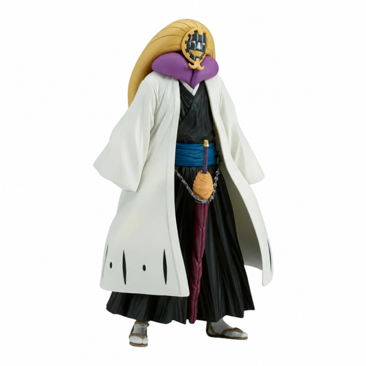 Figurine Mayuri Kurotsuchi Solid and Souls – Bleach, debout en uniforme de capitaine avec sa coiffe dorée et son zanpakutō.