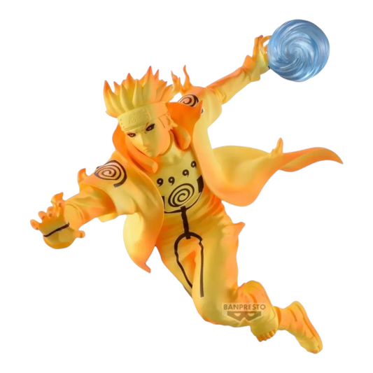 Figurine Minato Namikaze Kurama Chakra Mode Banpresto – Naruto Shippuden, en posture d'attaque avec un Rasengan bleu.
