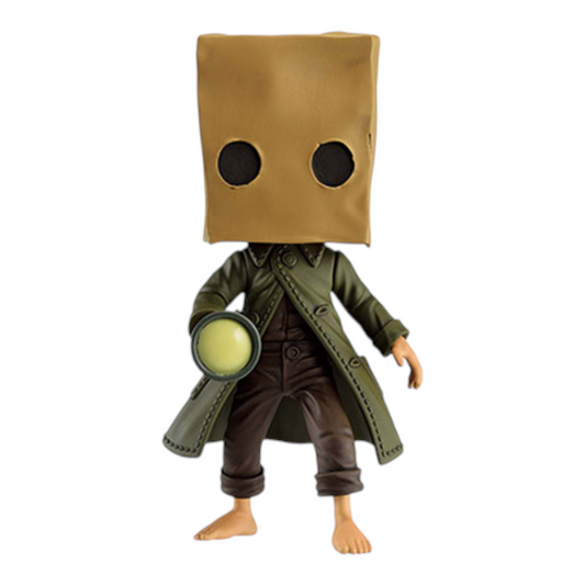 Figurine Mono Banpresto – Little Nightmares II, portant son sac en papier, son manteau vert et tenant une lampe torche.