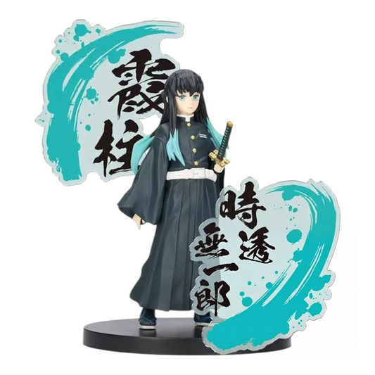 Figurine Muichiro Tokito Kizuna no Sou EX – Demon Slayer, debout avec ses éléments décoratifs turquoise et calligraphies.