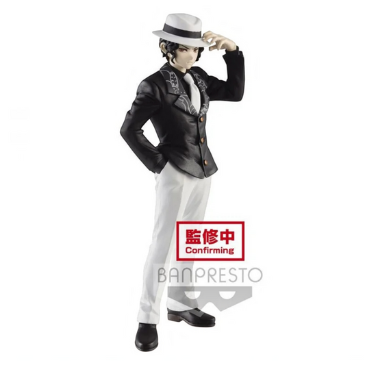 Figurine Muzan Kibutsuji Demon Series Vol. 1 – Demon Slayer, en costume noir et chapeau blanc, main sur le chapeau.