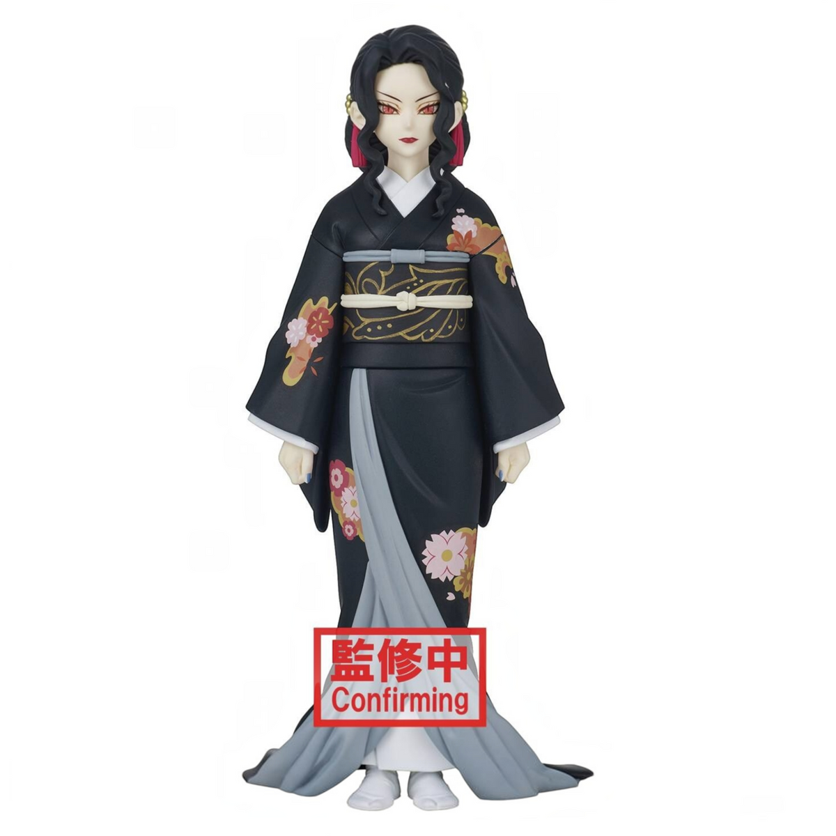 Figurine Muzan Kibutsuji forme féminine Demon Series – Demon Slayer, en kimono noir à motifs floraux.