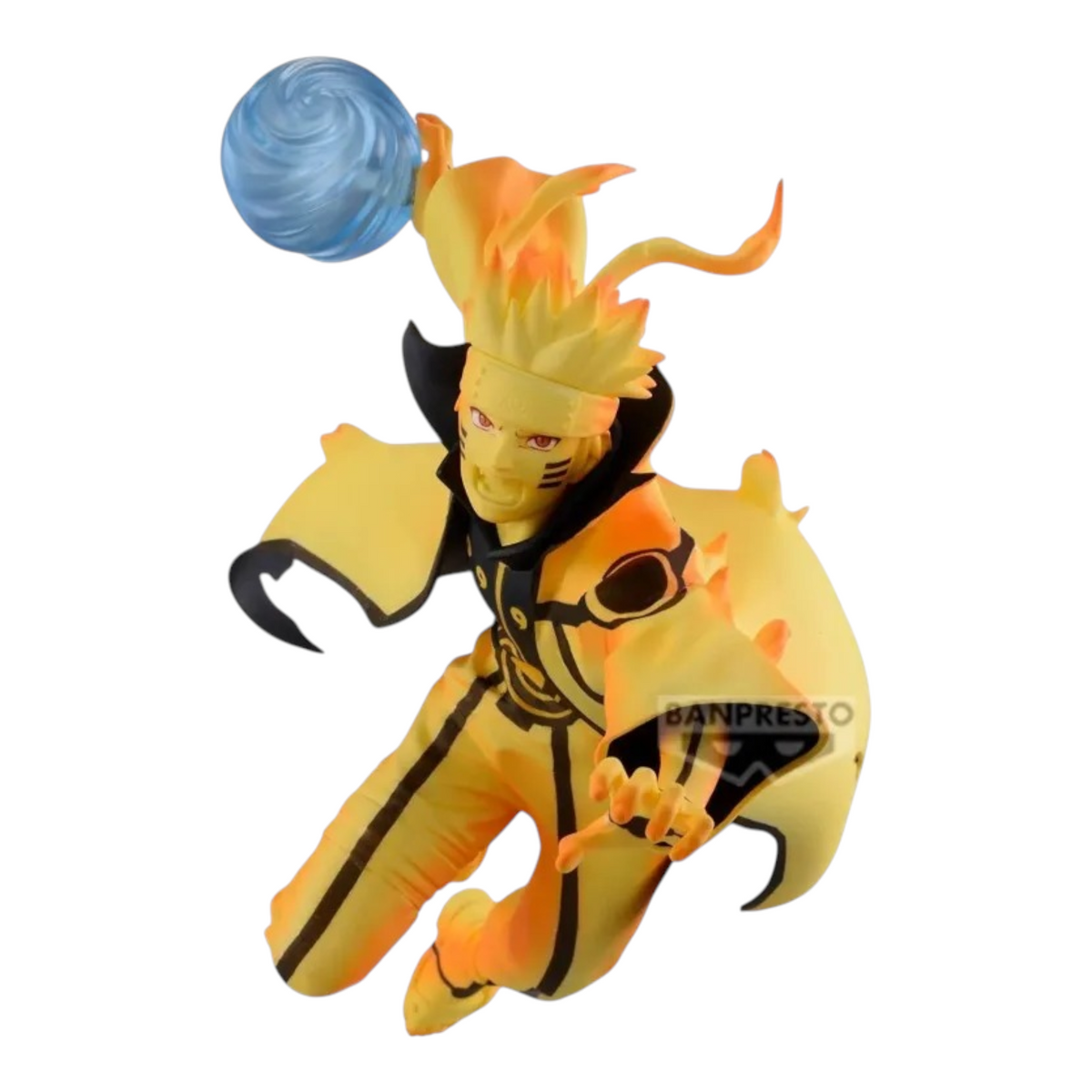 Figurine Naruto Uzumaki Nine-Tails Chakra Mode Banpresto – Naruto Shippuden, en posture d'attaque avec un Rasengan bleu.
