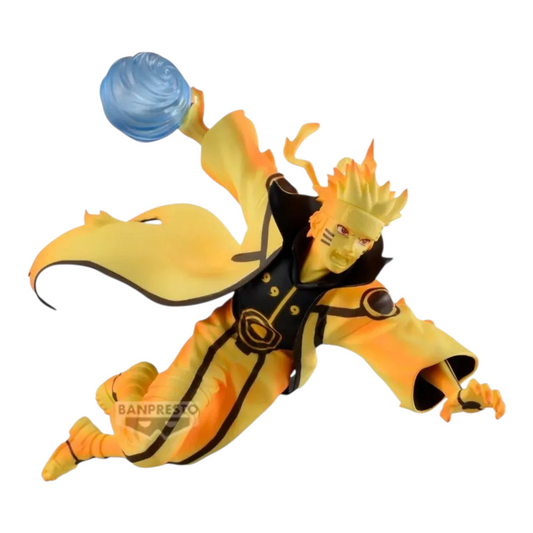 Figurine Naruto Uzumaki Nine-Tails Chakra Mode Banpresto – Naruto Shippuden, en posture d'attaque avec un Rasengan bleu.