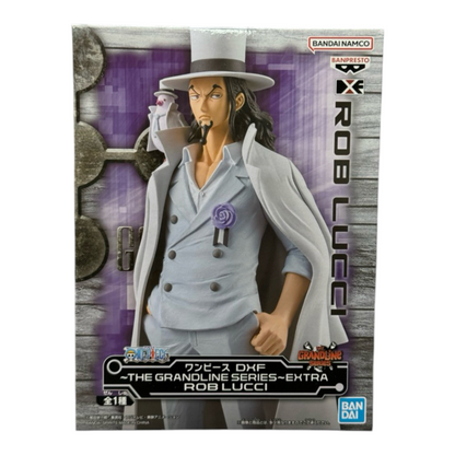 Boîte de la figurine Rob Lucci Egghead The Grandline Series – One Piece, avec illustration du personnage en costume.