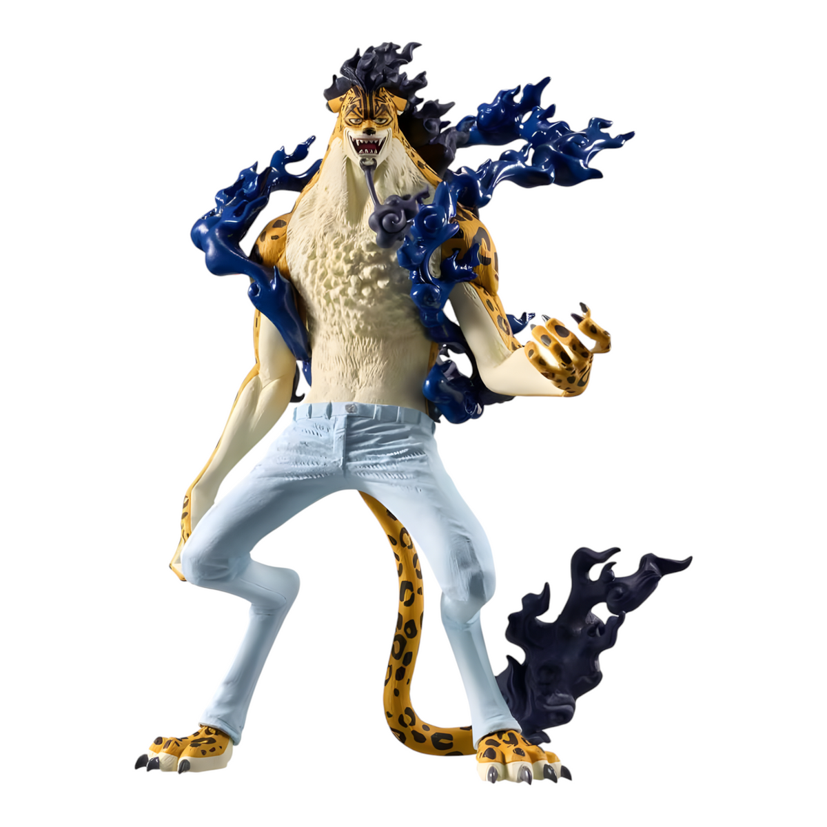 Figurine Rob Lucci Awakening ver. King of Artist – One Piece, en posture de combat avec ses flammes sombres caractéristiques.