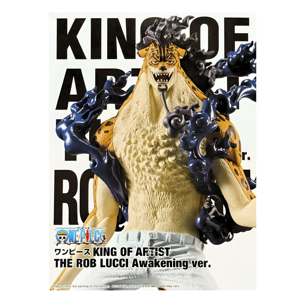Figurine Rob Lucci Awakening ver. King of Artist – One Piece, en forme léopard avec des flammes sombres.