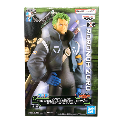Boîte de la figurine Roronoa Zoro Egghead The Grandline Series – One Piece, avec visuel du personnage en tenue futuriste.