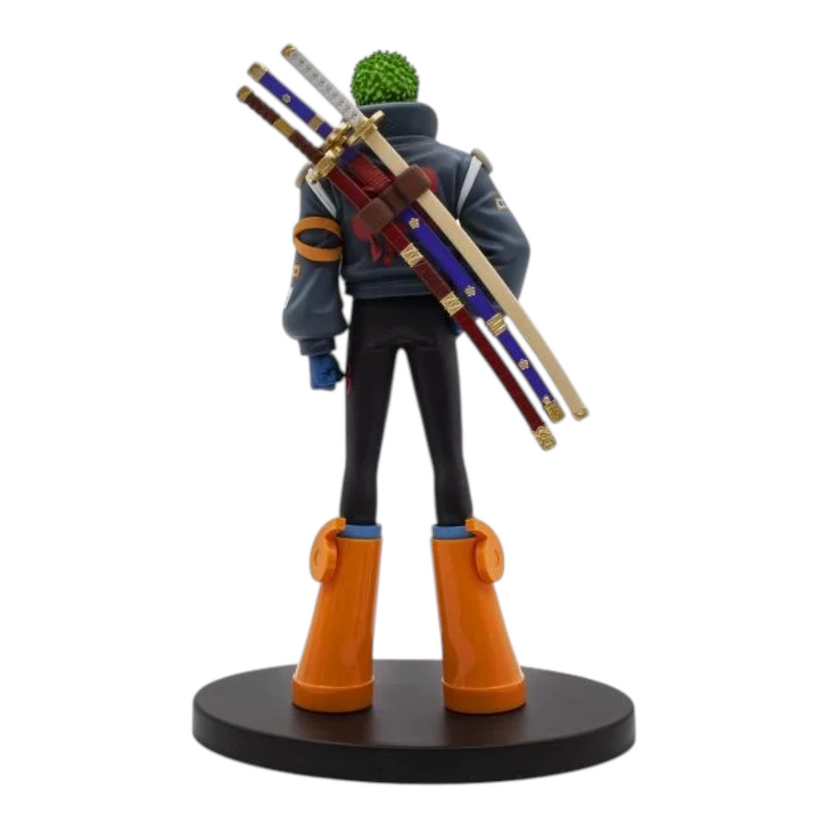 Figurine Roronoa Zoro Egghead The Grandline Series – One Piece, vue de dos avec ses trois sabres et ses bottes orange.