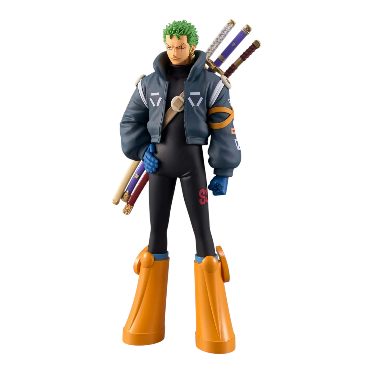 Figurine Roronoa Zoro Egghead The Grandline Series – One Piece, en tenue futuriste avec ses trois sabres.