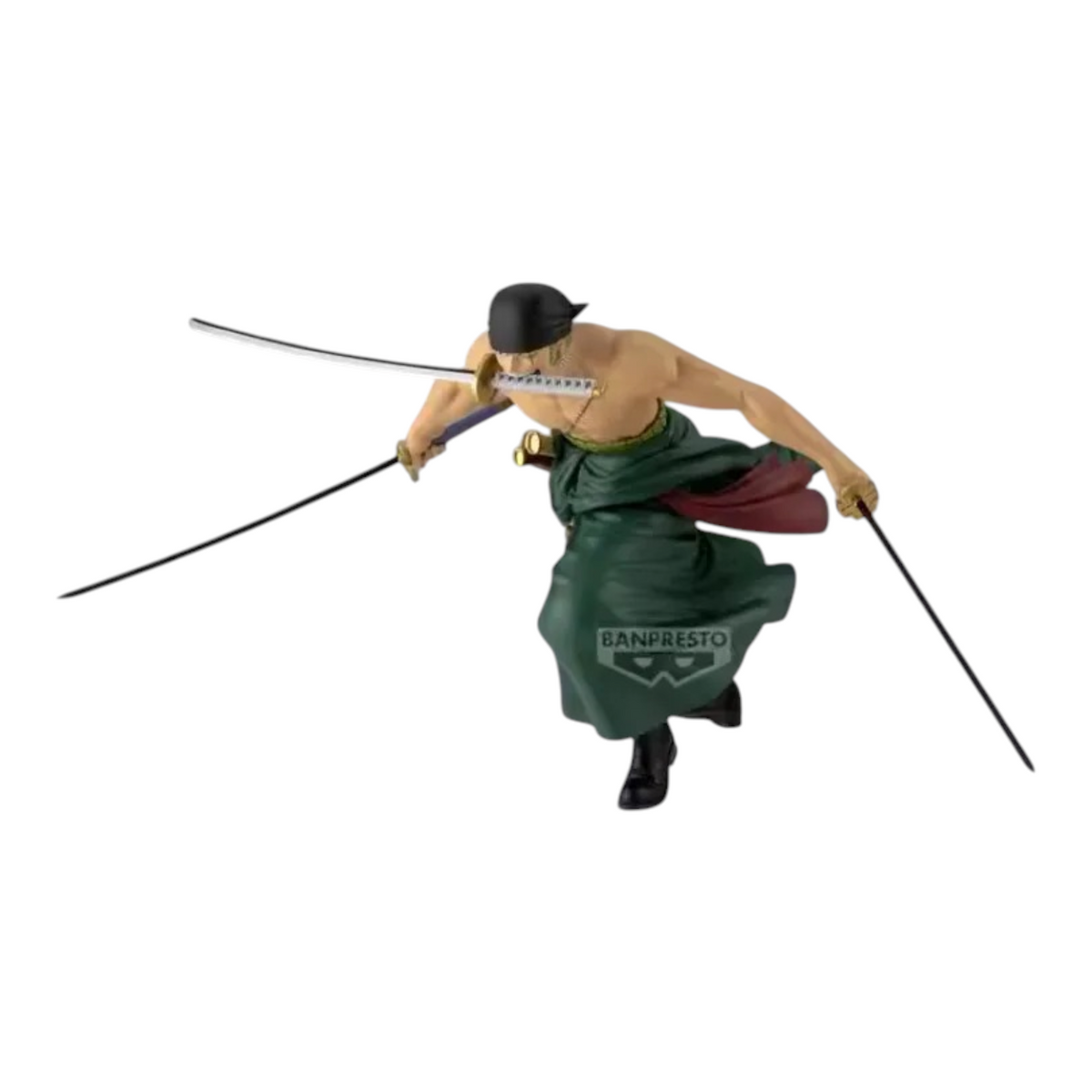 Figurine Roronoa Zoro Grandista – One Piece, en pleine attaque avec ses trois sabres et son bandana noir.