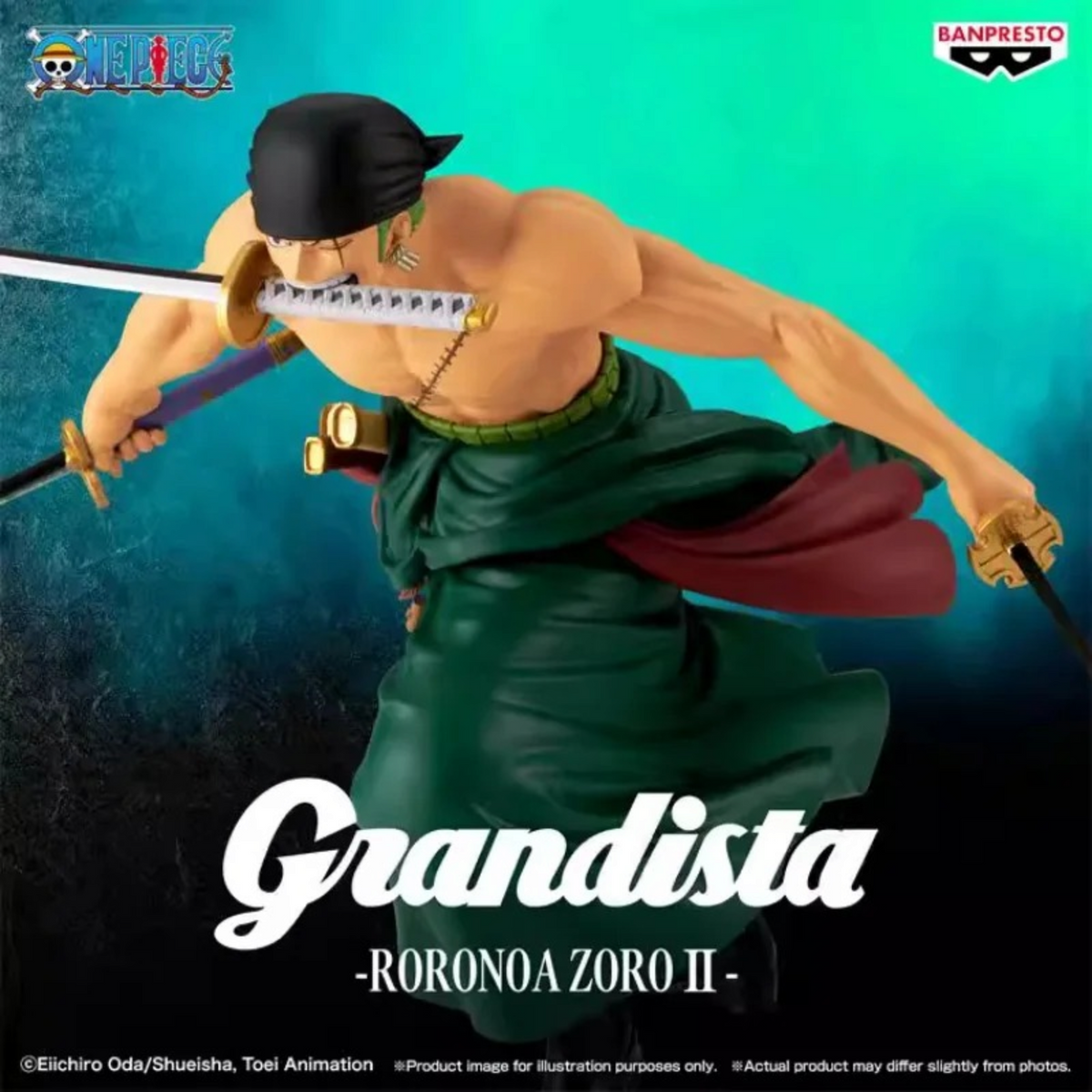 Figurine Roronoa Zoro Grandista – One Piece, torse nu en pleine attaque avec ses trois sabres et son bandana noir.