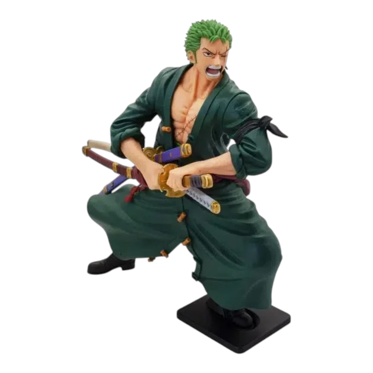 Figurine Roronoa Zoro Wano Grandista – One Piece, en posture de combat avec ses trois sabres et son kimono vert.