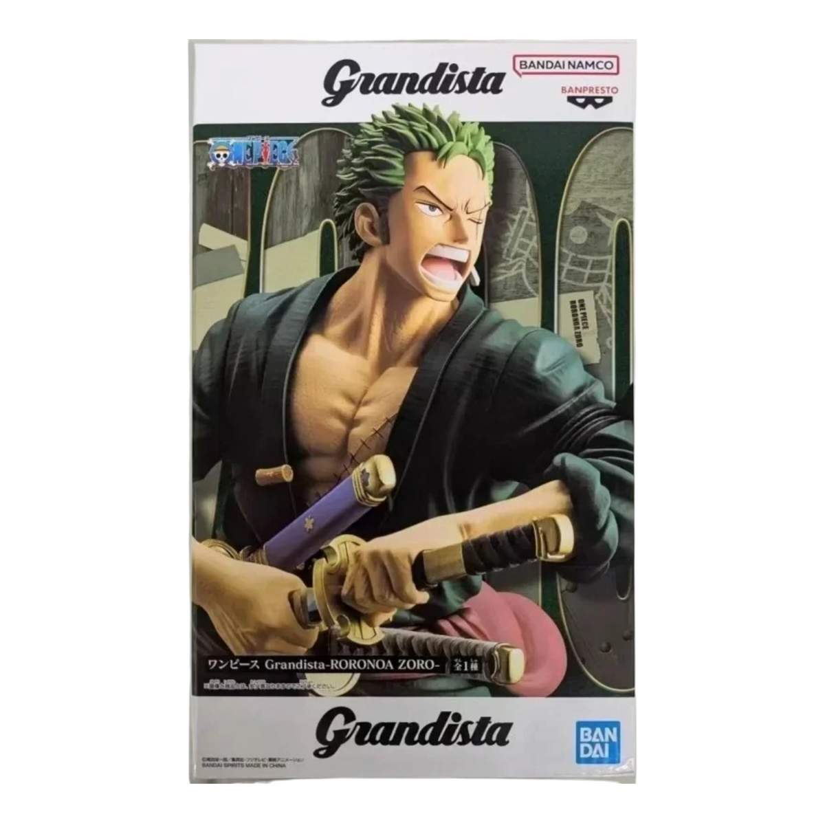 Boîte de la figurine Roronoa Zoro Wano Grandista – One Piece avec illustration du personnage en tenue de samouraï.