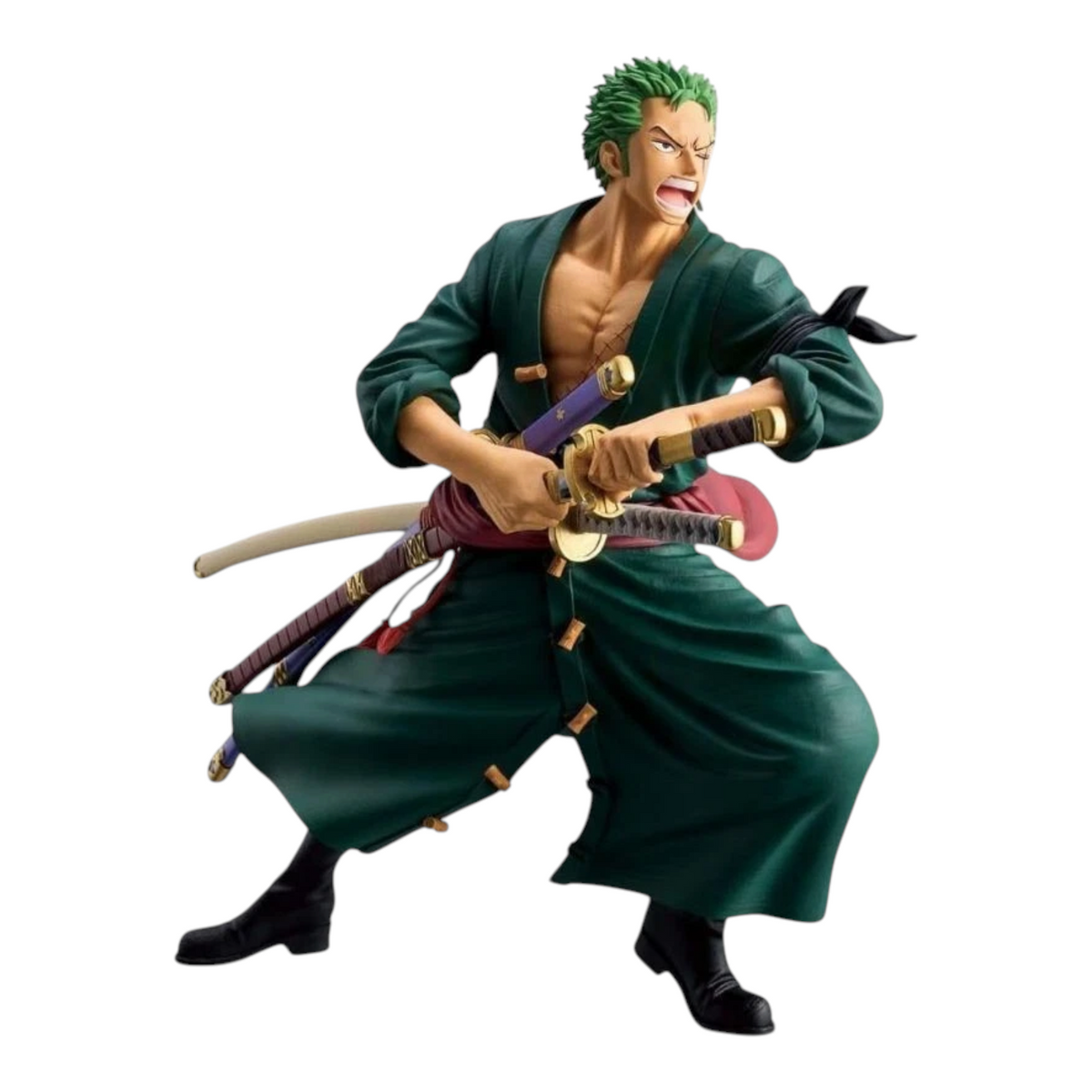 Figurine Roronoa Zoro Wano Grandista – One Piece, en posture de combat avec ses trois sabres et son kimono vert.