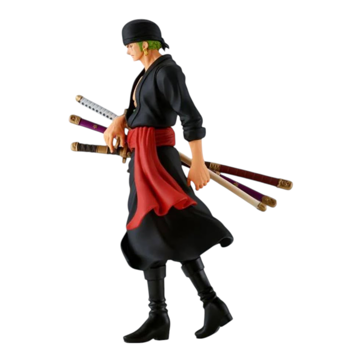 Figurine Roronoa Zoro Onigashima The Shukko – One Piece, en kimono noir avec ses trois sabres à la main.