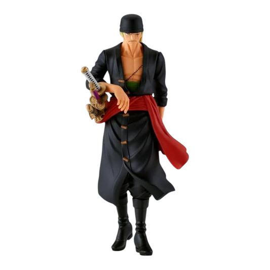 Figurine Roronoa Zoro Onigashima The Shukko – One Piece, debout avec ses katanas et son kimono noir.