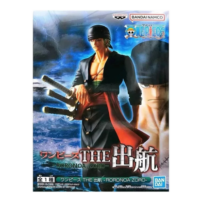 Boîte de la figurine Roronoa Zoro Onigashima The Shukko – One Piece, avec illustration du personnage en kimono noir.
