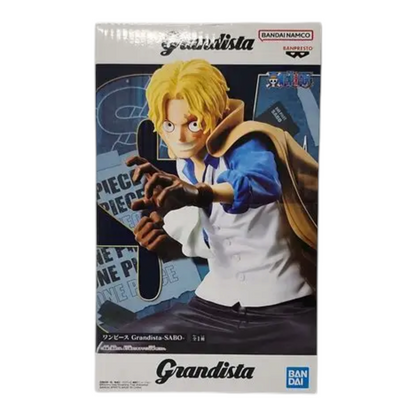 Boîte de la figurine Sabo Grandista – One Piece, avec illustration du personnage en posture de combat.