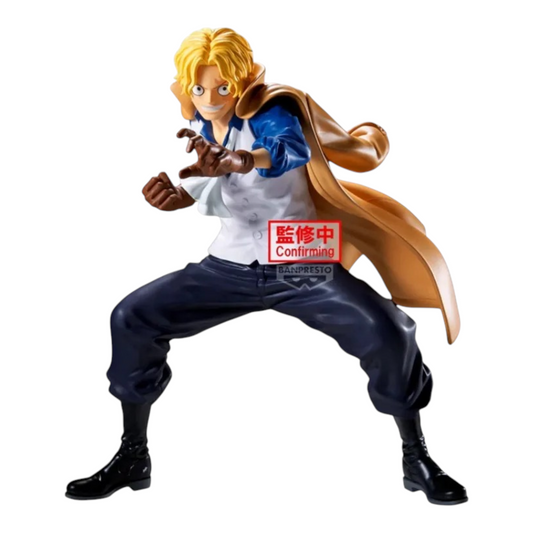 Figurine Sabo Grandista – One Piece, en posture de combat dynamique avec son manteau brun flottant.