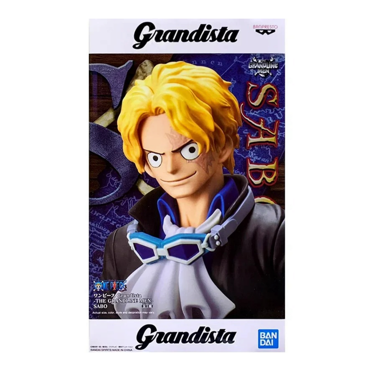 Boîte de la figurine Sabo Grandista The Grandline Men – One Piece, portrait du personnage avec ses lunettes.