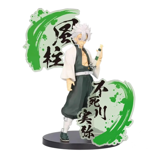 Figurine Sanemi Shinazugawa Kizuna no Sou EX – Demon Slayer, avec socle et éléments décoratifs calligraphiés verts.
