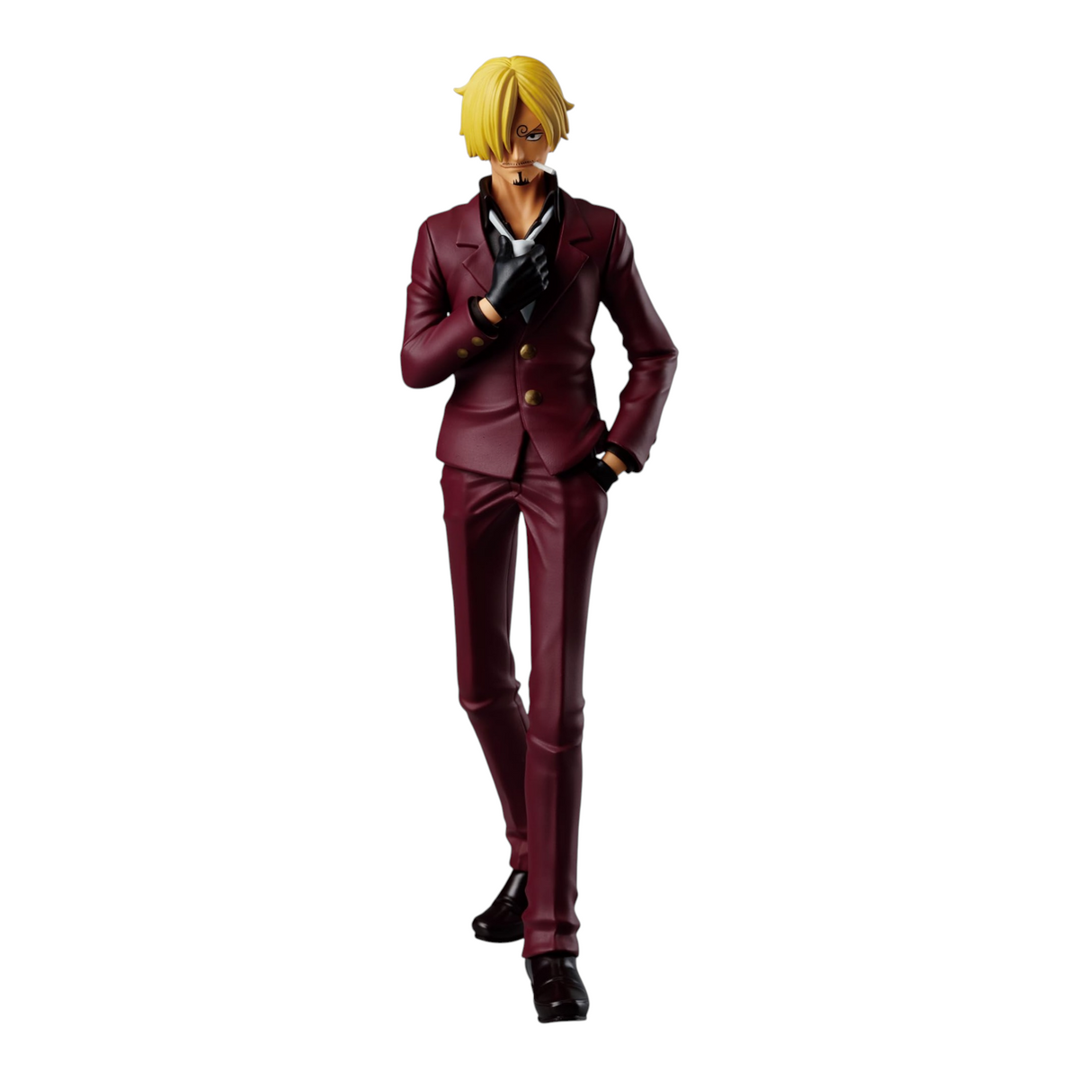 Figurine Sanji The Shukko – One Piece, portant un costume bordeaux et ajustant son col d'une main.