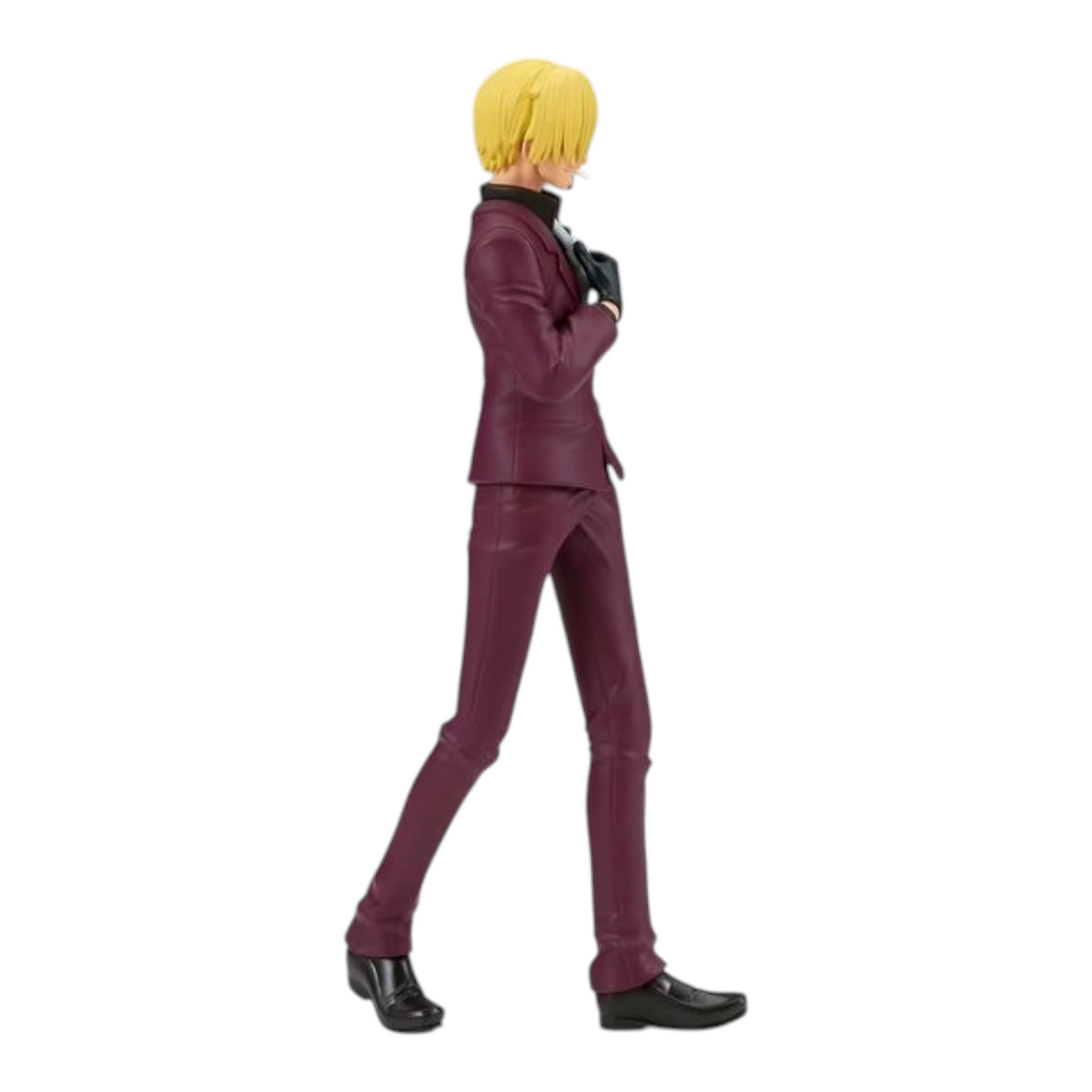 Figurine Sanji The Shukko – One Piece, portant un costume bordeaux et ajustant son col dans une pose décontractée.