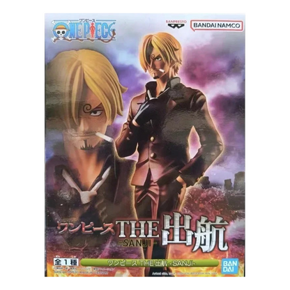 Boîte de la figurine Sanji The Shukko – One Piece, avec le cuisinier en costume bordeaux ajustant son col.