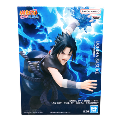 Boîte de la figurine Sasuke Uchiha GiGO Exclusive – Naruto Shippuden, illustrant Sasuke avec son effet Chidori bleu.