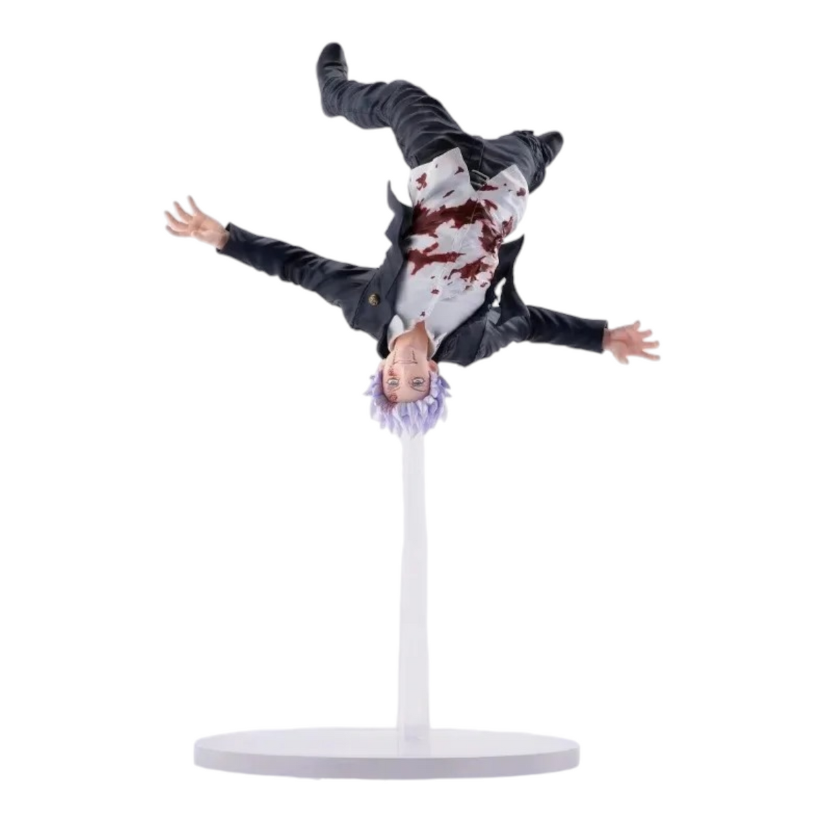 Figurine Satoru Gojo Awakening Figurizmα – Jujutsu Kaisen, en posture aérienne tête en bas avec uniforme ensanglanté.