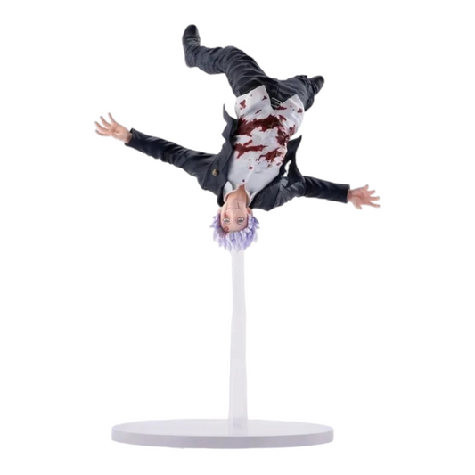 Figurine Satoru Gojo Awakening Figurizmα – Jujutsu Kaisen, en posture aérienne tête en bas avec uniforme ensanglanté.