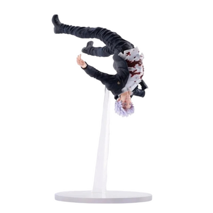 Figurine Satoru Gojo Awakening Figurizmα – Jujutsu Kaisen, en posture acrobatique aérienne, tête en bas et ensanglanté.