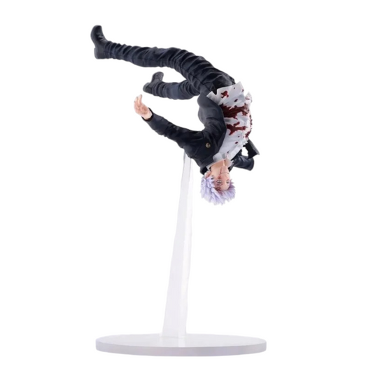 Figurine Satoru Gojo Awakening Figurizmα – Jujutsu Kaisen, en posture acrobatique aérienne, tête en bas et ensanglanté.
