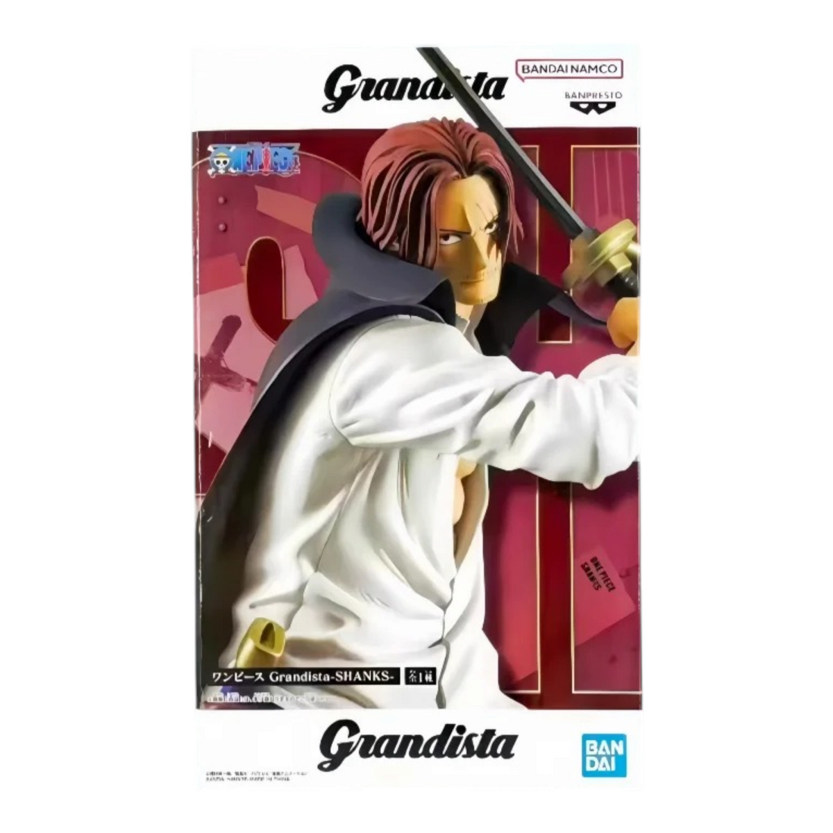 Boîte de la figurine Shanks Grandista – One Piece, avec illustration du personnage tenant son sabre Gryphon.