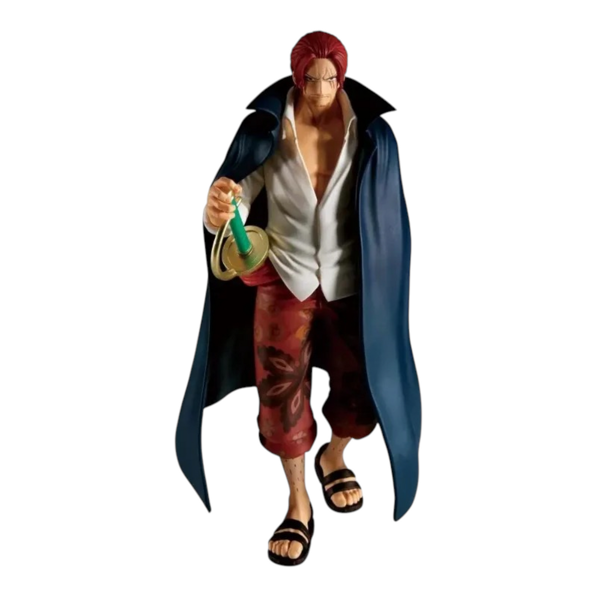 Figurine Shanks The Shukko – One Piece, debout avec sa cape bleue et son sabre Gryphon à la main.