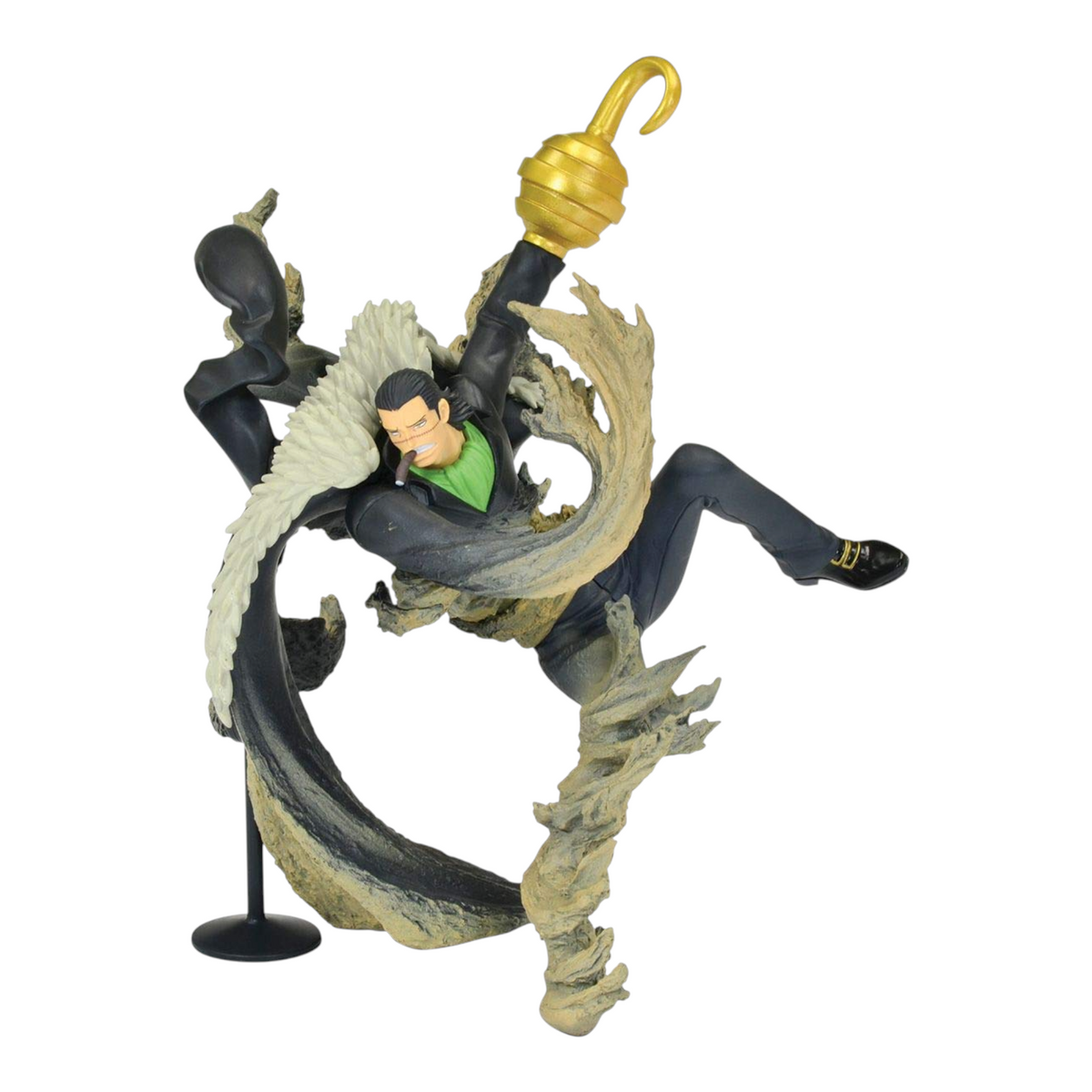 Figurine Sir Crocodile Abiliators – One Piece, en posture de combat dynamique avec effets de sable et crochet doré.