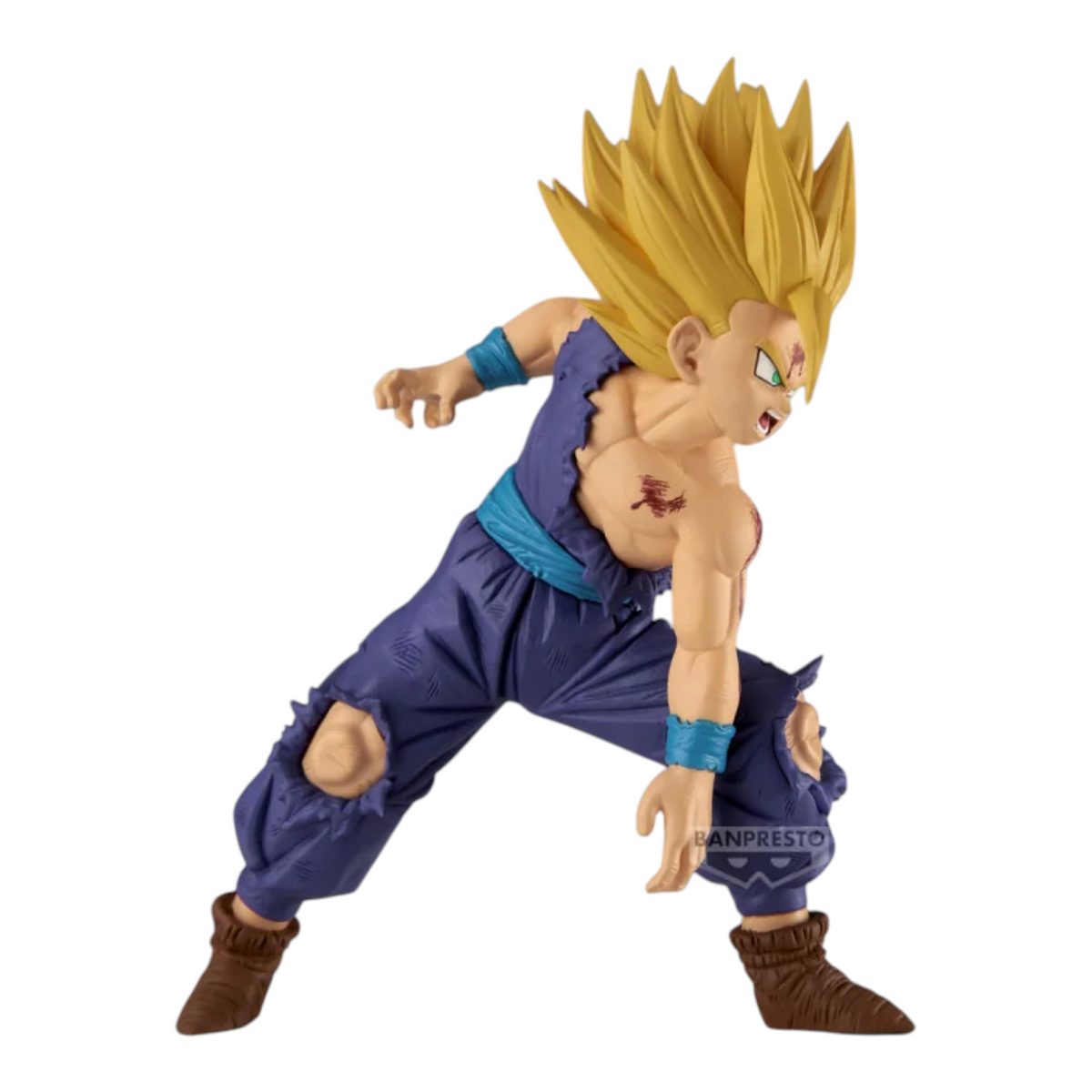 Figurine Son Gohan Super Saiyan Match Makers – Dragon Ball Z, en posture de combat avec tenue déchirée et blessures.