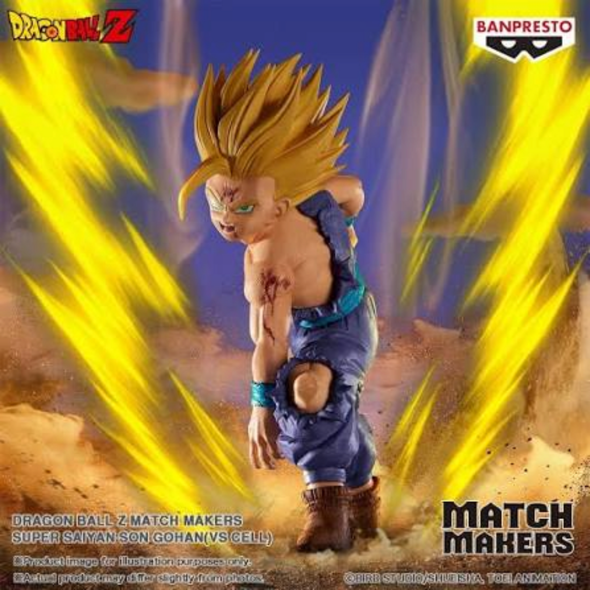 Figurine Son Gohan Super Saiyan Match Makers – Dragon Ball Z, en posture de combat avec tenue déchirée et blessures.