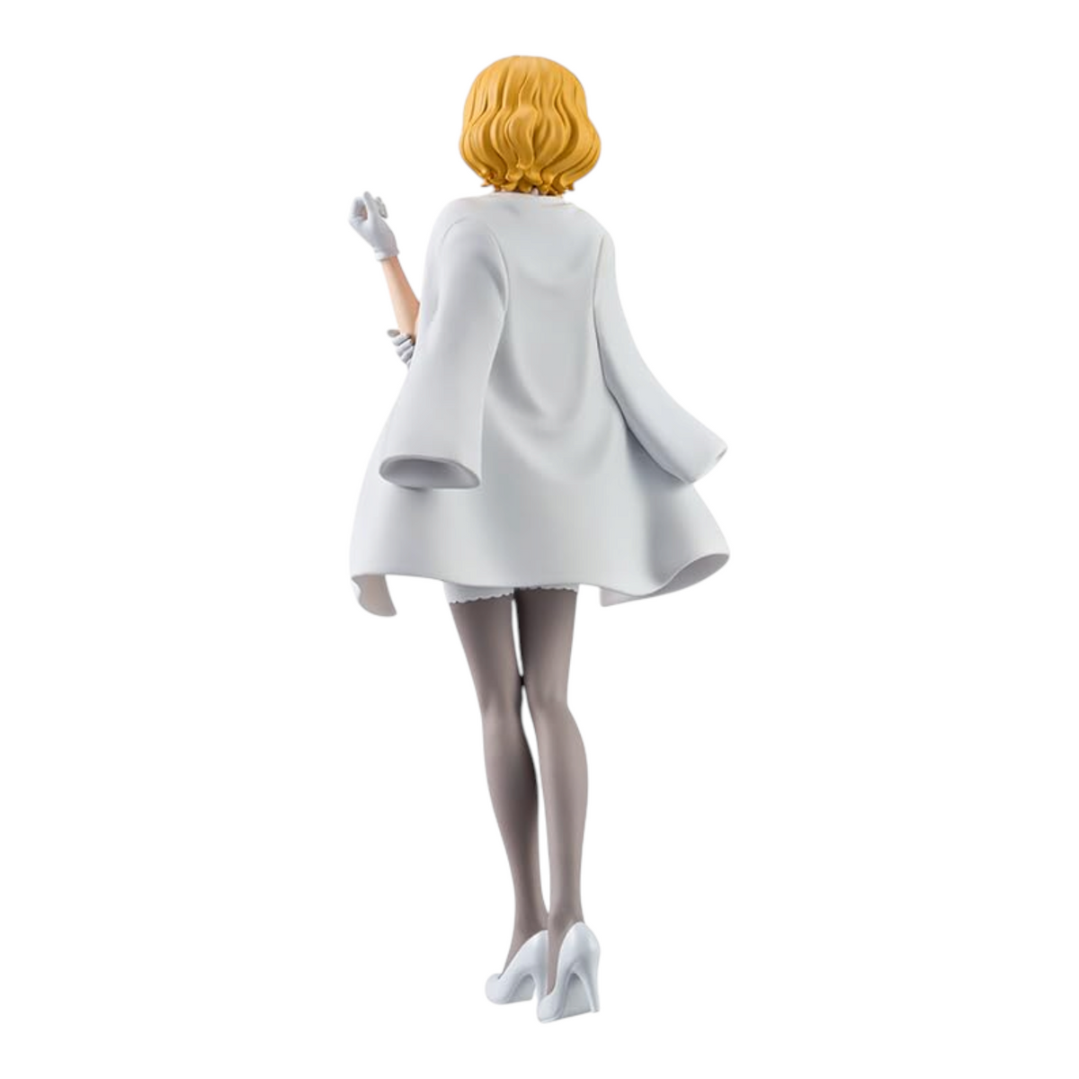 Figurine Stussy The Grandline Series – One Piece, vue de dos montrant sa cape blanche flottante et ses cheveux blonds.
