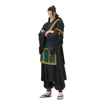 Figurine Suguru Geto King of Artist – Jujutsu Kaisen, debout les bras croisés en tenue traditionnelle noire et verte.