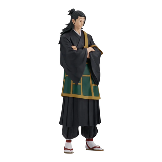 Figurine Suguru Geto King of Artist – Jujutsu Kaisen, debout les bras croisés en tenue traditionnelle noire et verte.
