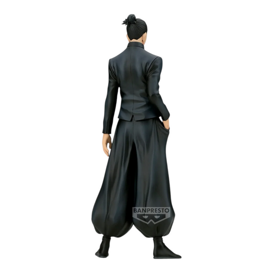 Figurine Suguru Geto Special Ver. King of Artist – Jujutsu Kaisen, vue de dos montrant son uniforme noir.