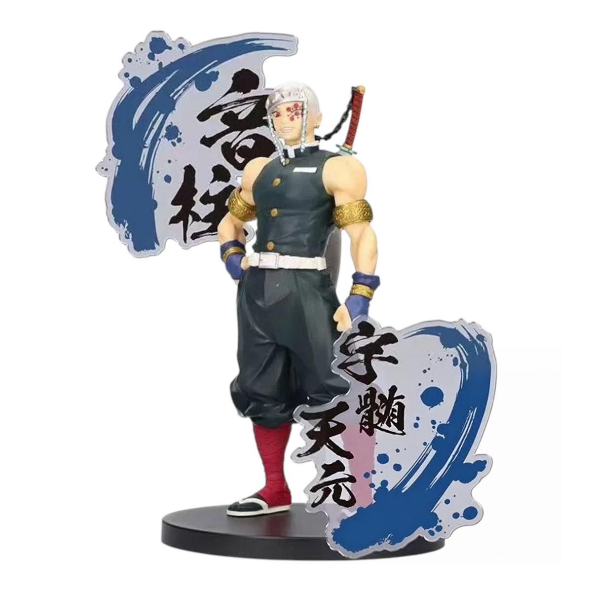 Figurine Tengen Uzui Kizuna no Sou EX – Demon Slayer, debout avec ses sabres et éléments décoratifs calligraphiés.
