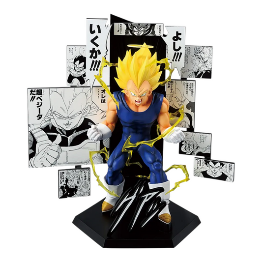 Figurine Vegeta Super Saiyan Ichiban Kuji Dragon Ball 40th Part 2 – Dragon Ball, avec effets d'éclairs et cases manga.