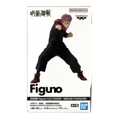 Boîte de la figurine Yuji Itadori Figuno – Jujutsu Kaisen, avec le personnage en posture de combat dynamique.
